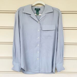 LAUREN Ralph Lauren 100% Silk Button Down Blue Grey Logo Pocket Top Size 6